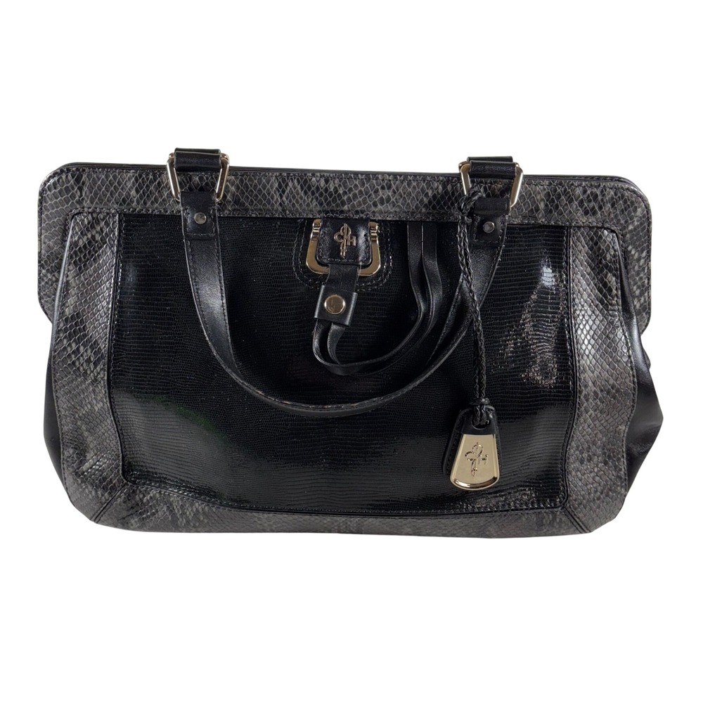 Cole Haan Satchel‎ Black Reptile Embossed Leather Shoulder Bag Gold Hardware